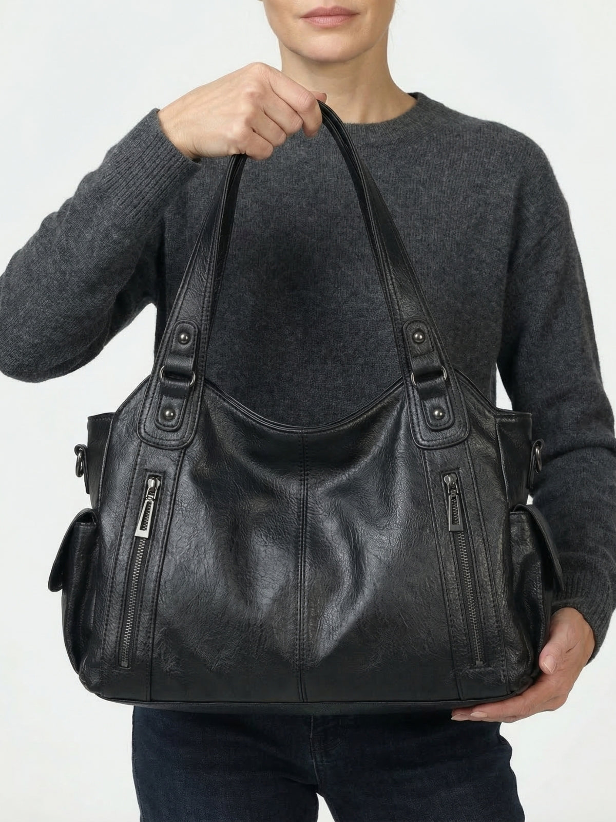 Multi-Pocket Leather Tote Bag