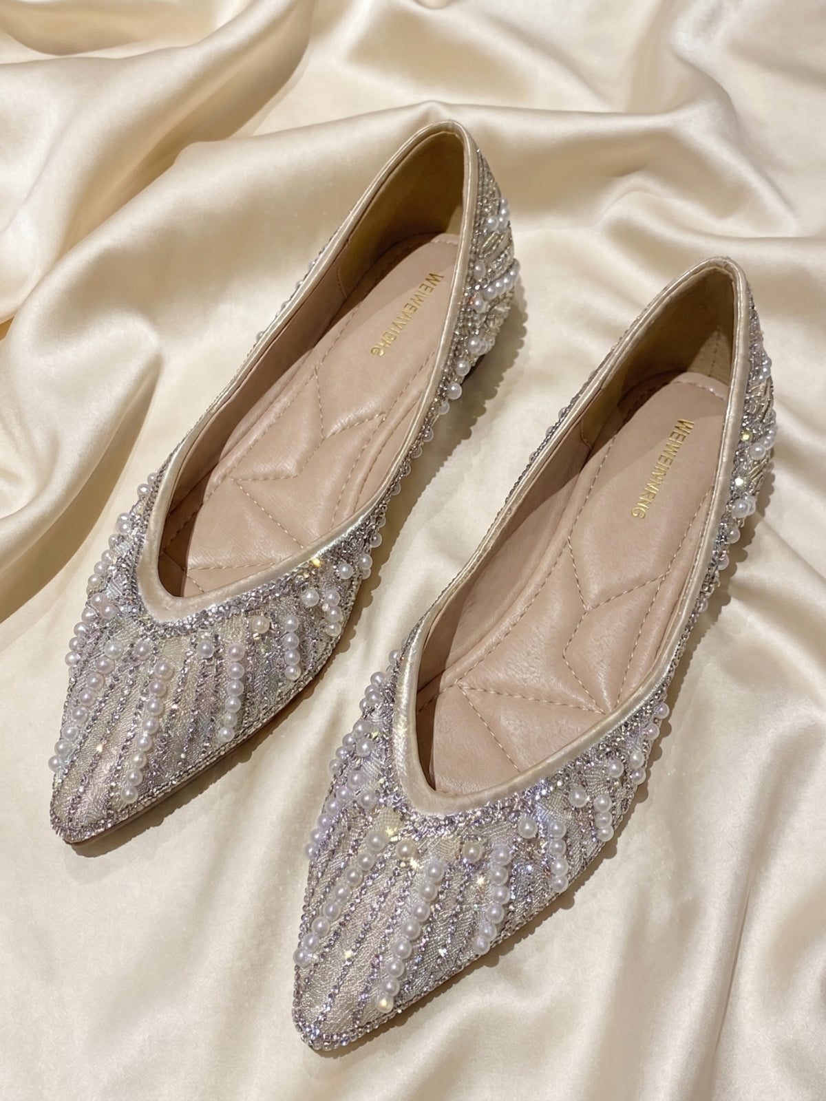 Pearl Crystal Embellished Pointed Toe Flats