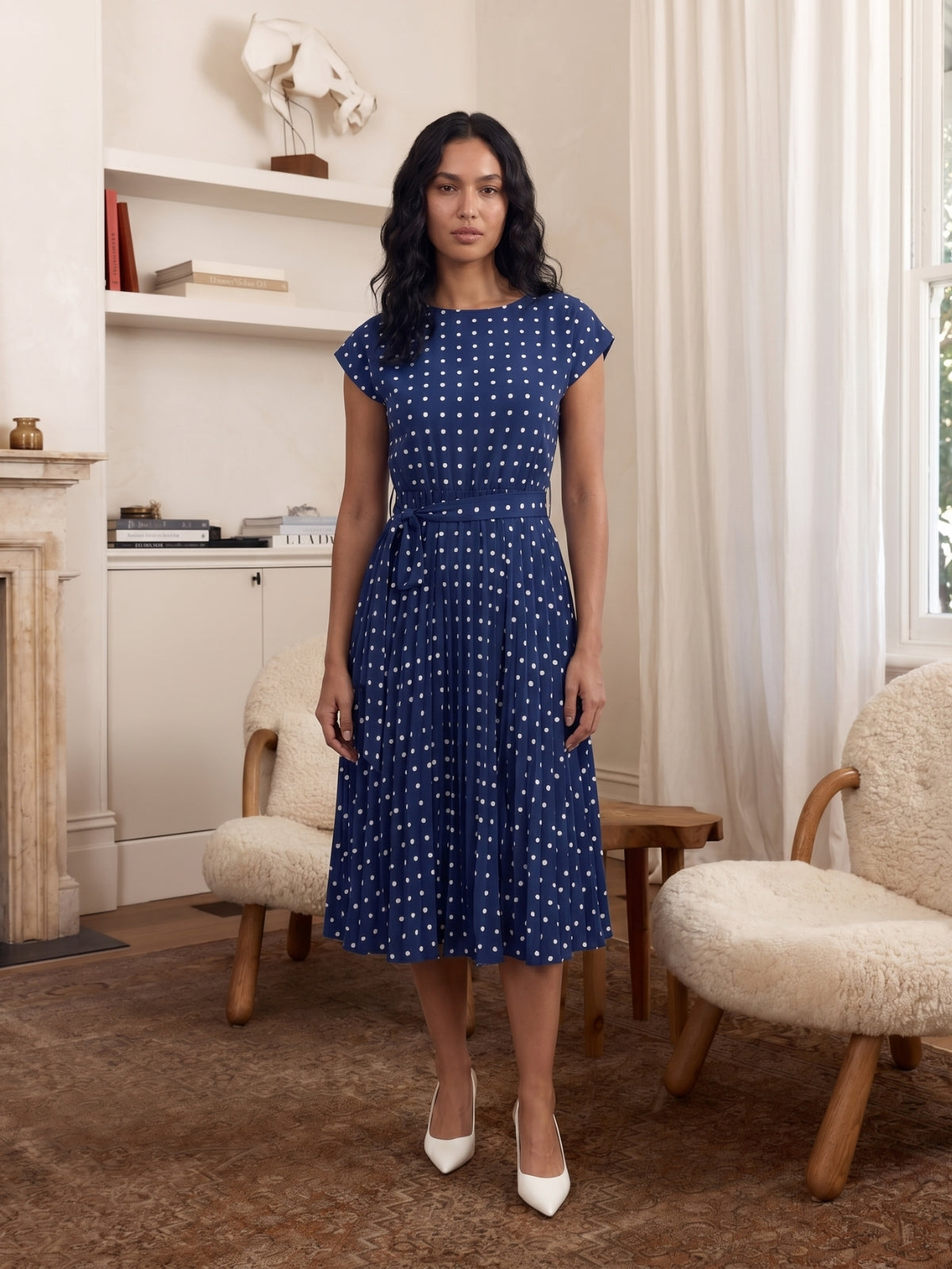 Kalina Polka Dot Pleated Midi Dress