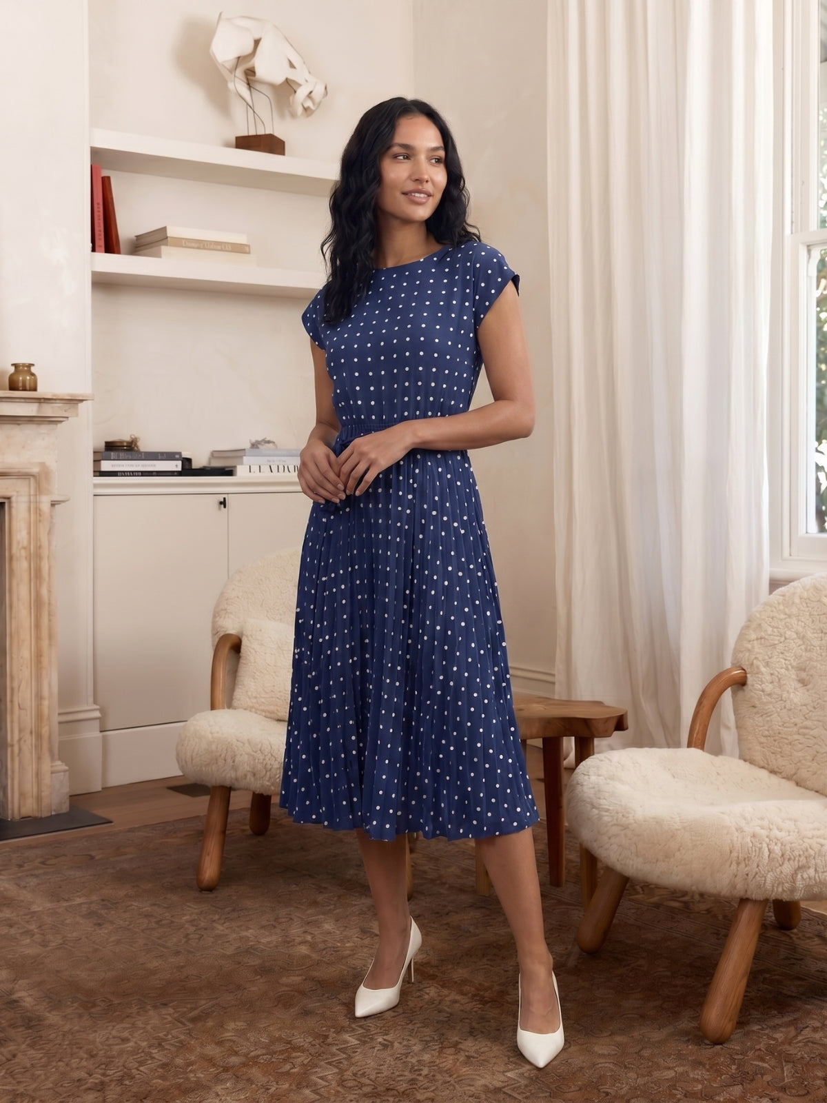 Kalina Polka Dot Pleated Midi Dress
