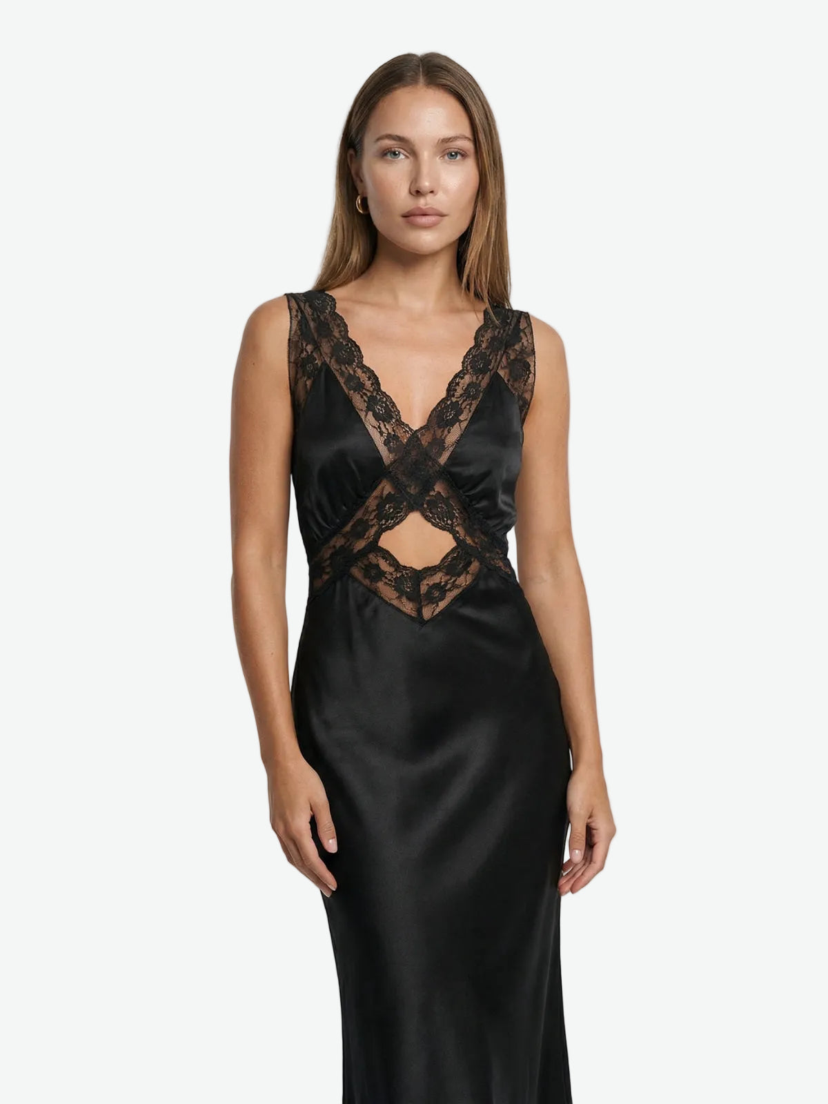 Lace Trim Cut-Out Satin Maxi Dress