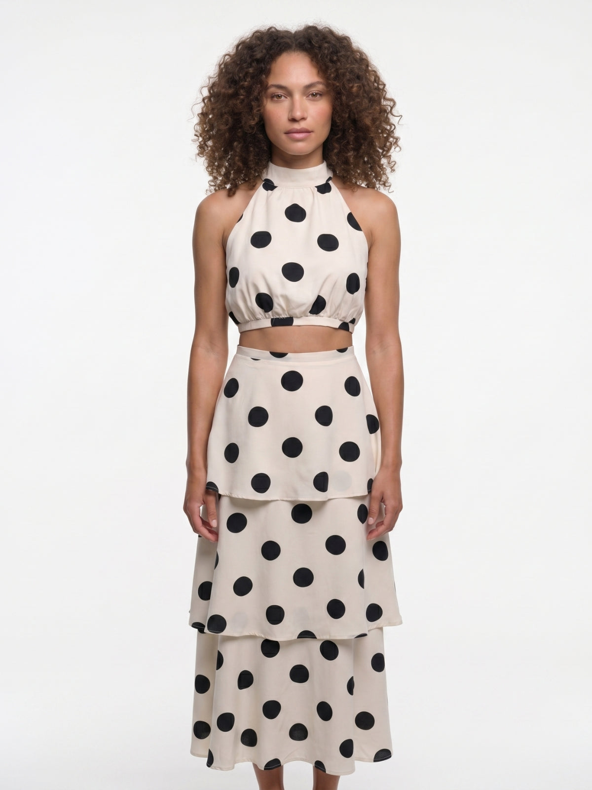 Polka Dot Halter Crop Top And Tiered Maxi Skirt Set