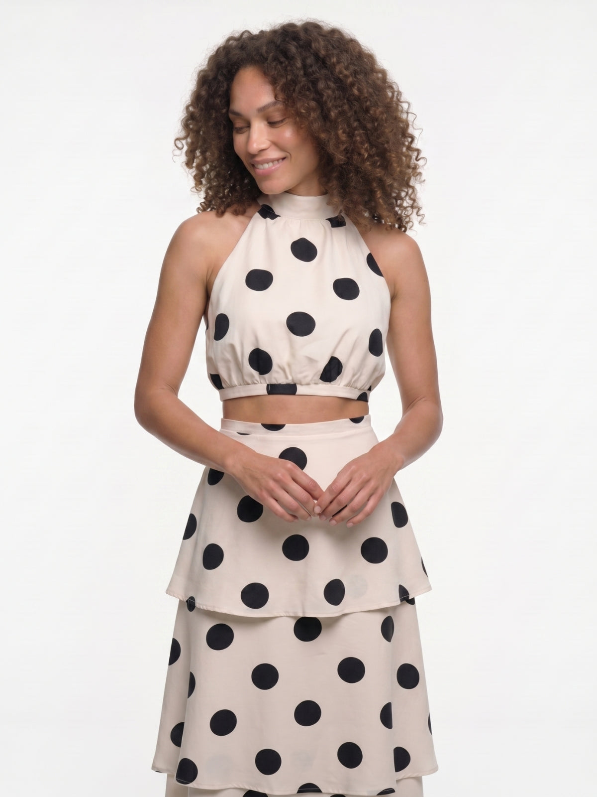 Polka Dot Halter Crop Top And Tiered Maxi Skirt Set