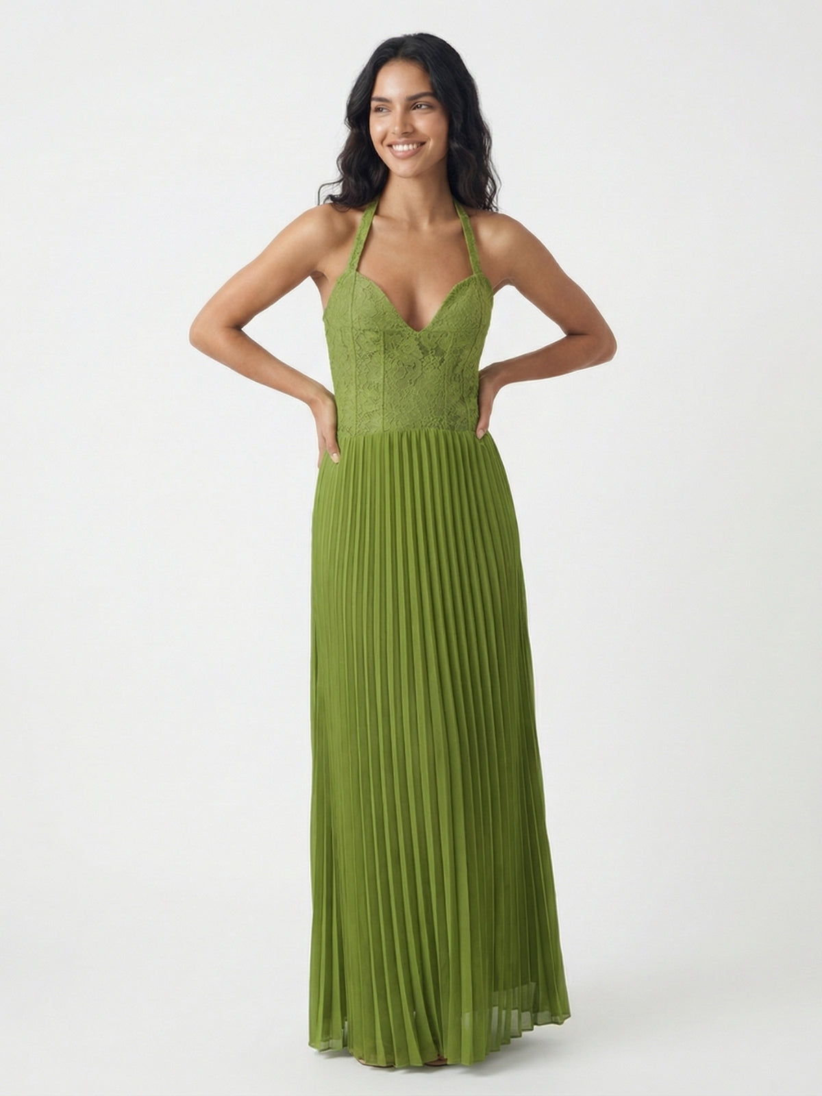 Vivienne Lace Pleated Halter Maxi Dress