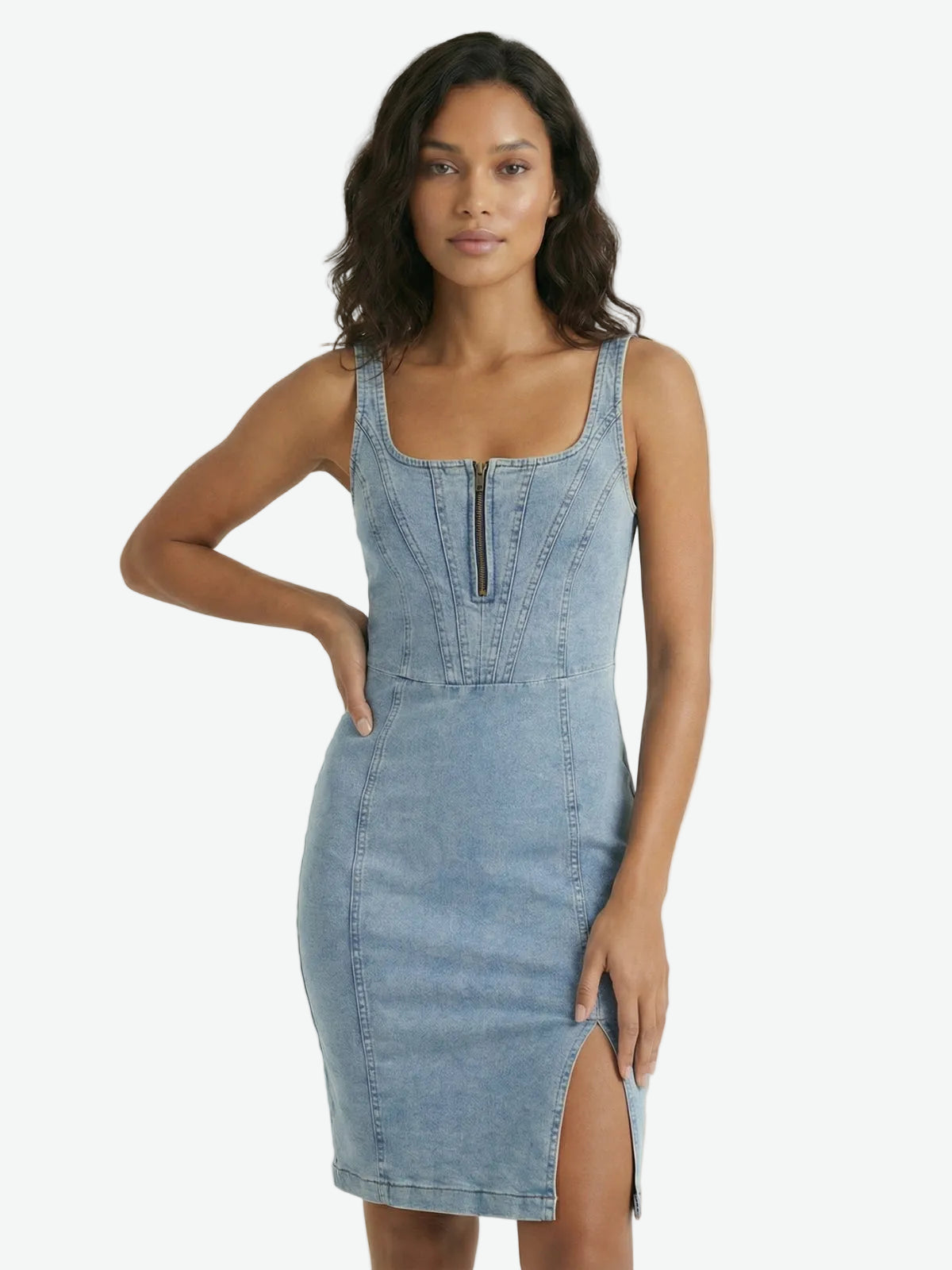 Zip Front Denim Mini Dress