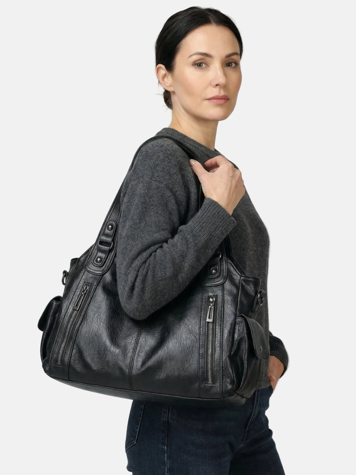 Multi-Pocket Leather Tote Bag