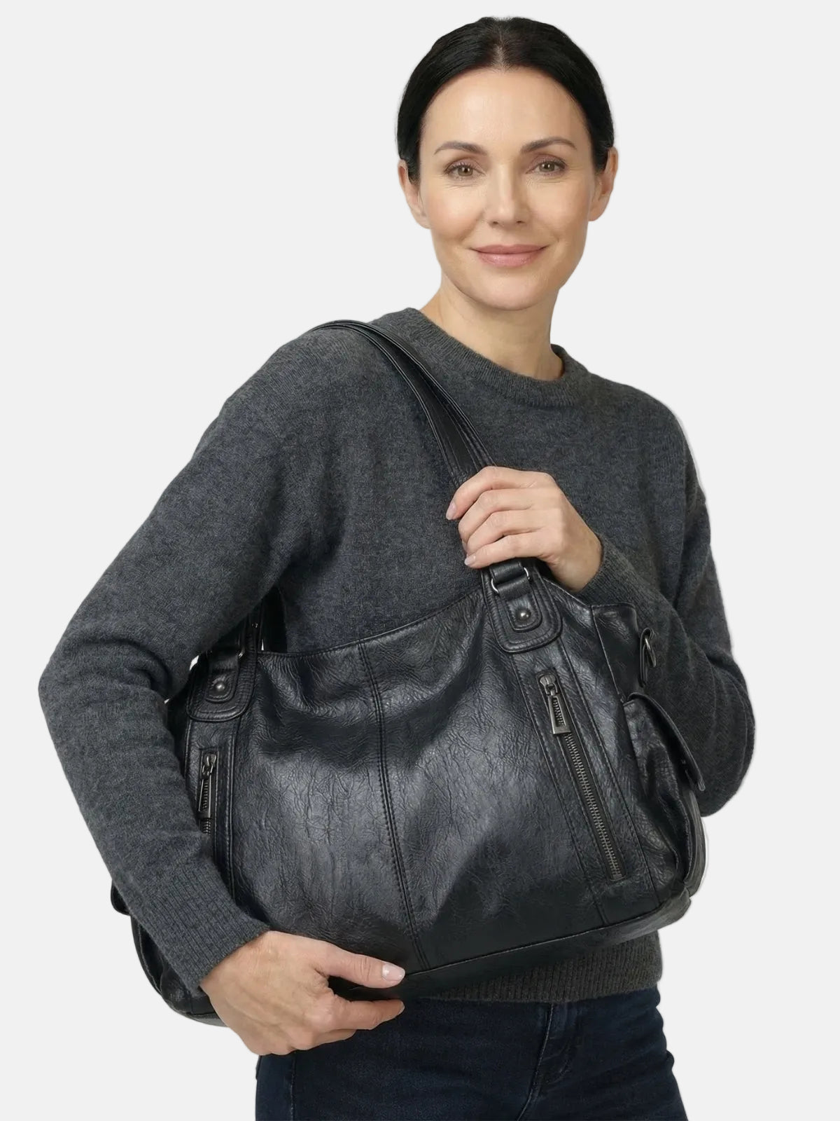 Multi-Pocket Leather Tote Bag