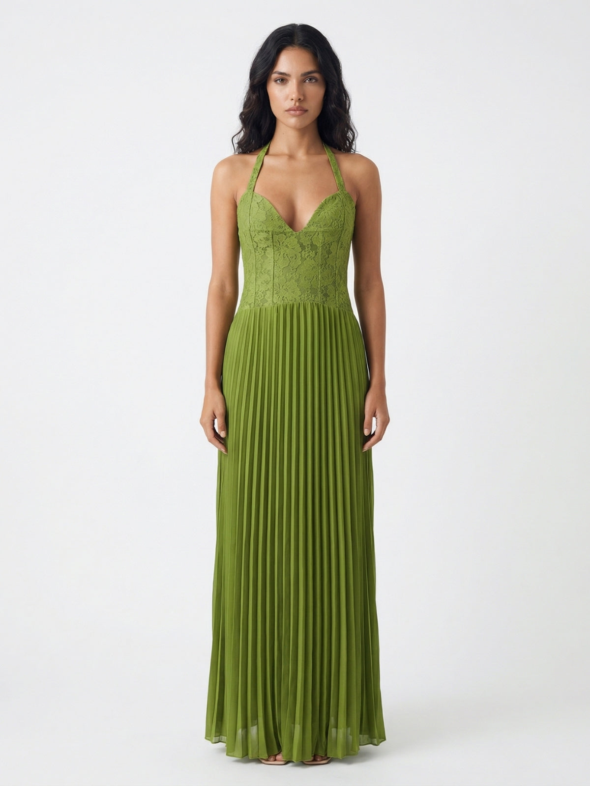 Vivienne Lace Pleated Halter Maxi Dress